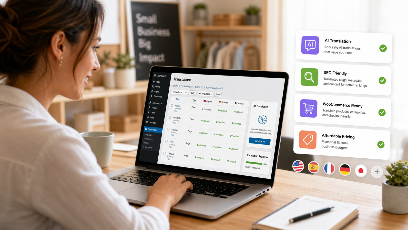Kleinunternehmer, der ein KI-WordPress-Übersetzungs-Plugin mit SEO- und WooCommerce-Checkliste verwendet