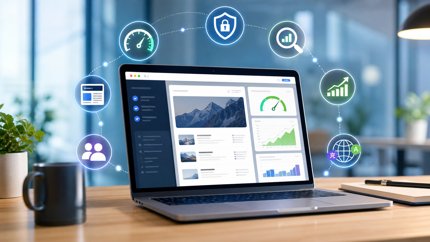 WordPress-Website-Verbesserungsdashboard für Sicherheit, Geschwindigkeit, SEO, Inhalte und mehrsprachiges Wachstum