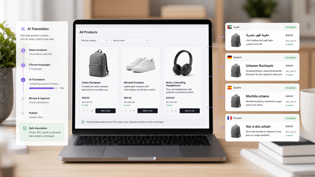 تمت ترجمة كتالوج منتجات WooCommerce إلى عدة لغات باستخدام AI بينما تظل بيانات المتجر محمية