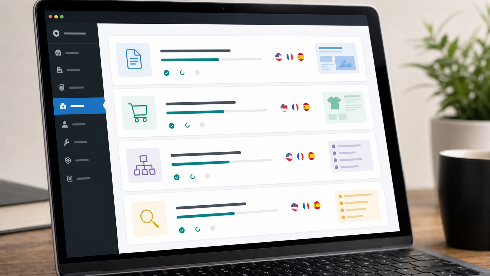 AI translation dashboard showing progress of WordPress content translation